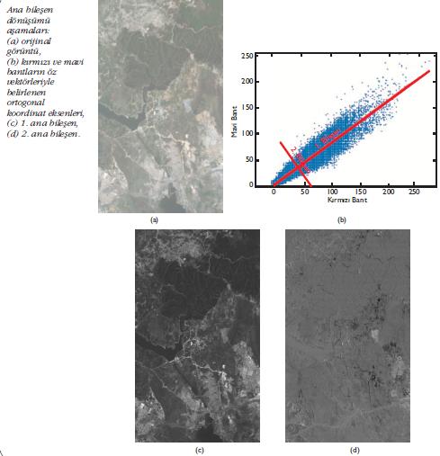 Spektral Dönüşümler Ana Bileşen Dönüşümü Orijinal 3 bantlı görüntünün kırmızı ve mavi bantlarına uygulanan
