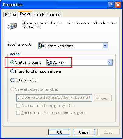 7. ActKey i Yerel PC modunda (yani itmeli tarama) kullanmak için, bunun tarayıcı işlemlerini yürütecek program olarak ayarlanması gerekir: Aşağıdaki örnekte Windows XP kullanılmıştır.