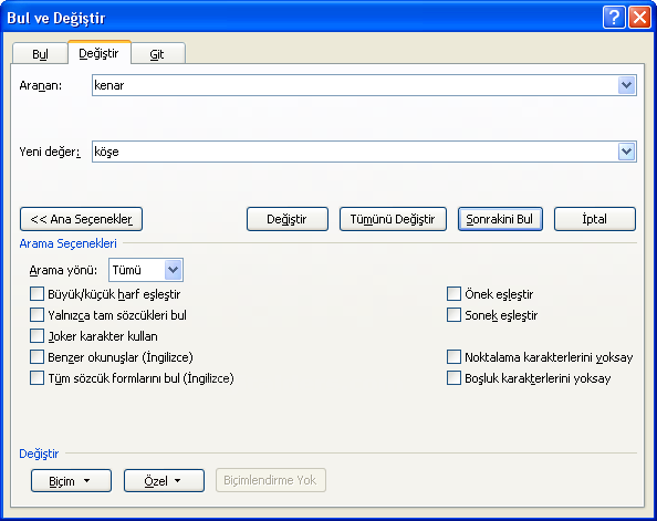Değiştir sekmesinde bir kelimeyi başka bir