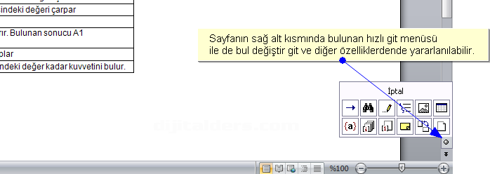 Word sayfasının sağ alt kısmında bulunan Hızlı Git