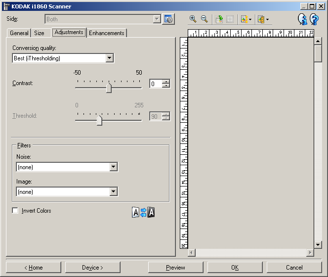 Image Settings (Resim Ayarları) - Adjustments (Ayarlar) sekmesi Adjustments (Ayarlar) sekmesinde kullanılabilen seçenekler, General (Genel) sekmesindeki Scan as (Farklı Tara) seçimine bağlıdır.