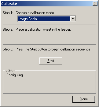 İşlemler Calibrate (Kalibre Et) Bir Resim Zinciri veya UDDS kalibrasyonu uygulamanıza olanak sağlayan Kalibre Et iletişim kutusunu görüntüler. Tarayıcıyı yalnızca sizden istendiğinde kalibre edin.