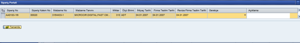 2.1. Sevk Bekleyen Siparişin Revize Edilmesi Seç butonu ile sipariş seçilir.