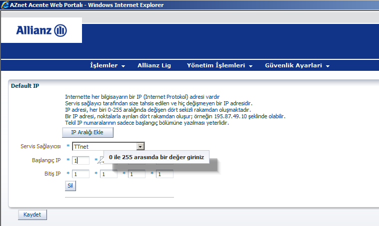 Ip numaranızın bağlı olduğu Servis Saylayıcısını belirledikten sonra, (örnekte Ttnet seçilmiştir ) Başlangıç IP kutucuklarına ip numaranızı yazmaya başladığınızda Bitiş ip no alanına