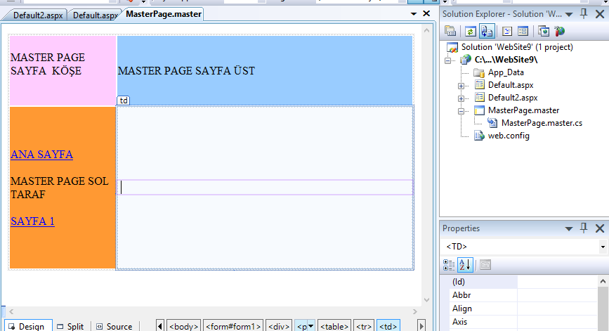 kenarlarında Master sayfayıda görürüz. Fakat içerik sayfasından baktığımız master sayfada düzenleme yapamayız. Buna müsaade etmez.