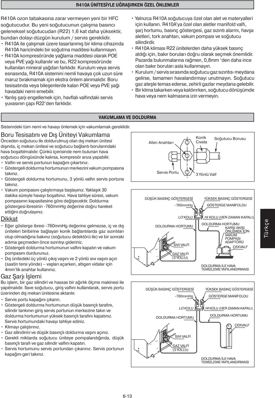 R410A ile çalışmak üzere tasarlanmış bir klima cihazında R410A haricindeki bir soğutma maddesi kullanmayın.