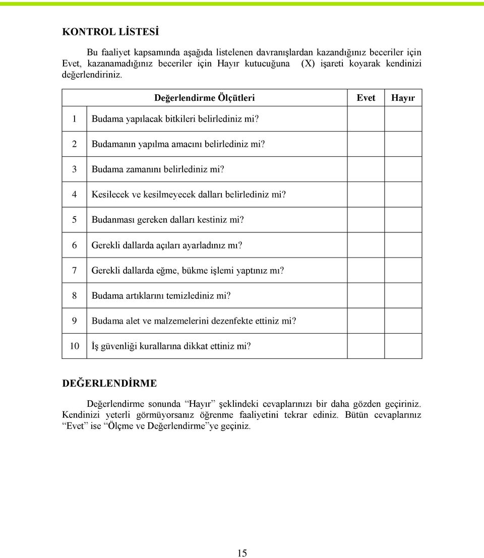 4 Kesilecek ve kesilmeyecek dalları belirlediniz mi? 5 Budanması gereken dalları kestiniz mi? 6 Gerekli dallarda açıları ayarladınız mı? 7 Gerekli dallarda eğme, bükme iģlemi yaptınız mı?