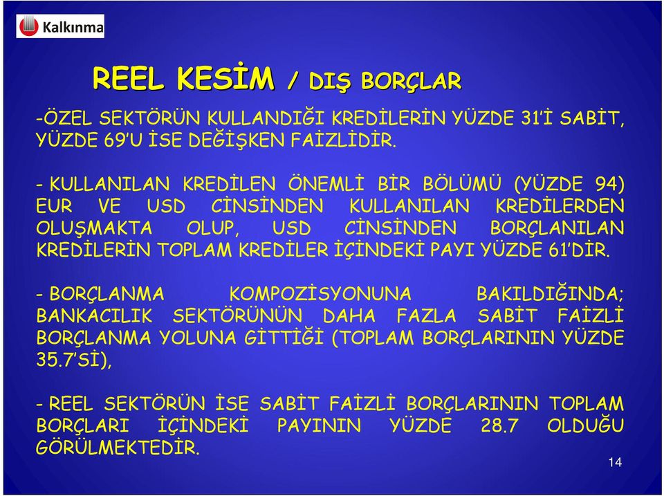 KREDİLERİN TOPLAM KREDİLER İÇİNDEKİ PAYI YÜZDE 61 DİR.