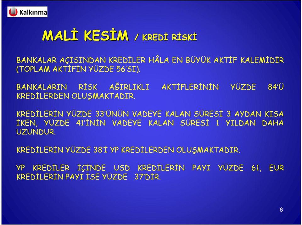 KREDİLERİN YÜZDE 33 ÜNÜN VADEYE KALAN SÜRESİ 3 AYDAN KISA İKEN, YÜZDE 41 İNİN VADEYE KALAN SÜRESİ 1 YILDAN DAHA