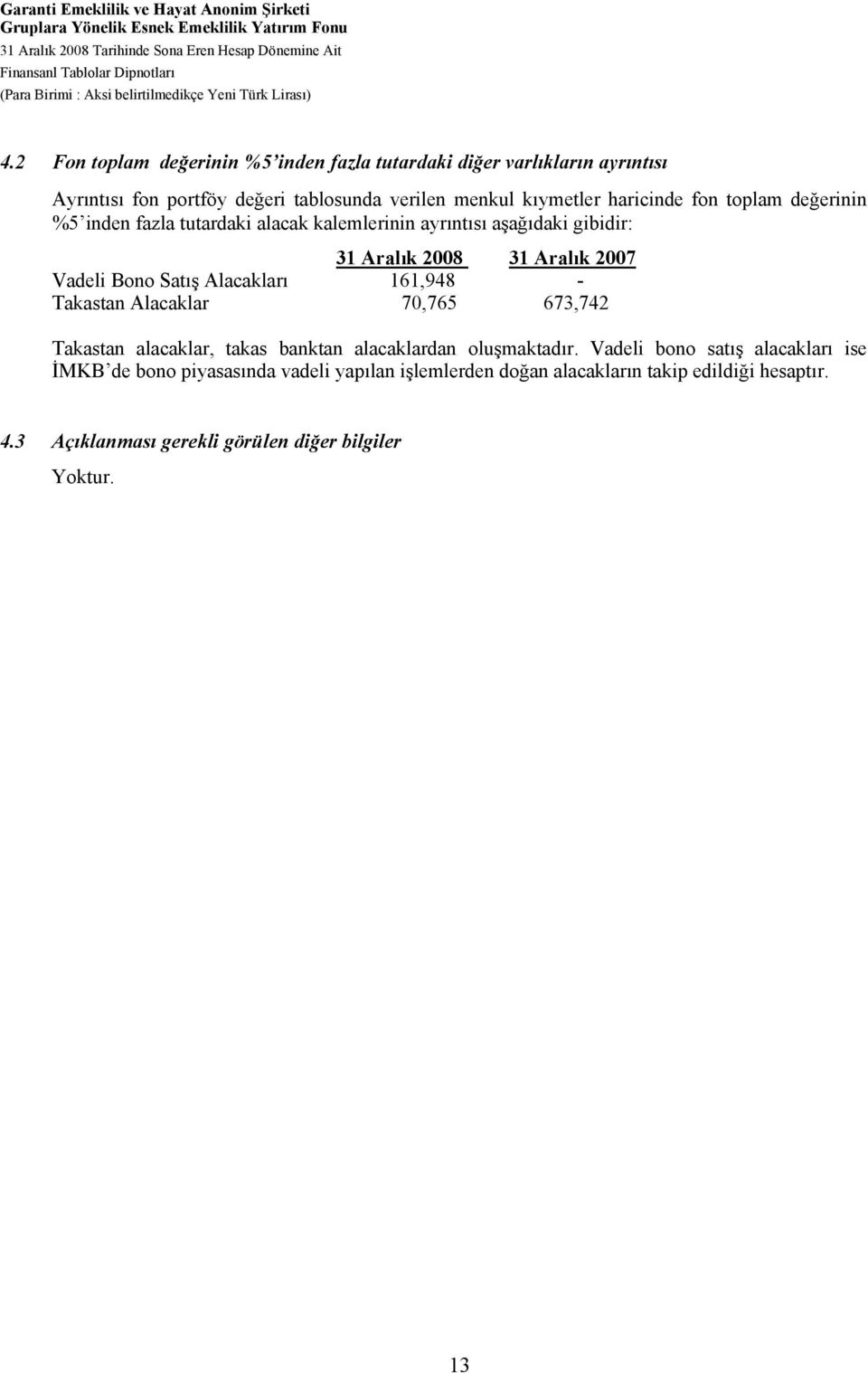 2 Fon toplam değerinin %5 inden fazla tutardaki diğer varlıkların ayrıntısı Ayrıntısı fon portföy değeri tablosunda verilen menkul kıymetler haricinde fon toplam değerinin %5 inden fazla tutardaki