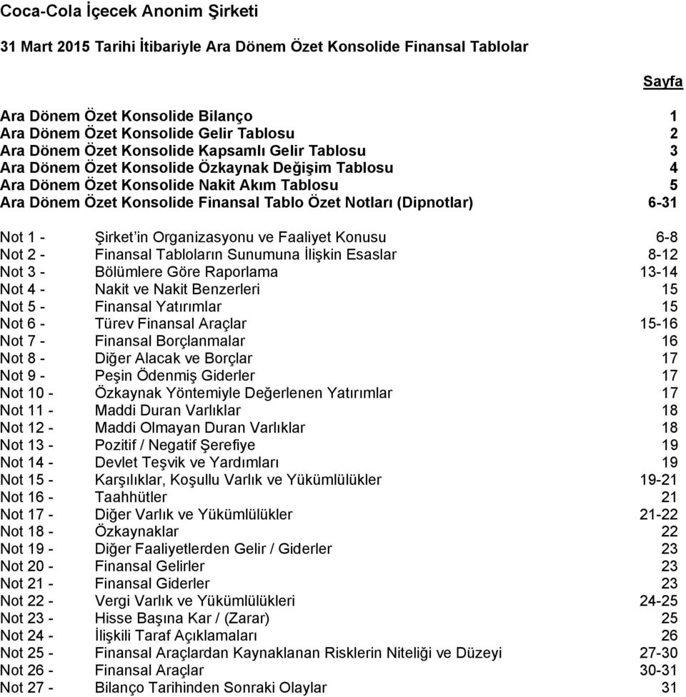 Not 2 - Finansal Tabloların Sunumuna İlişkin Esaslar 8-12 Not 3 - Bölümlere Göre Raporlama 13-14 Not 4 - Nakit ve Nakit Benzerleri 15 Not 5 - Finansal Yatırımlar 15 Not 6 - Türev Finansal Araçlar