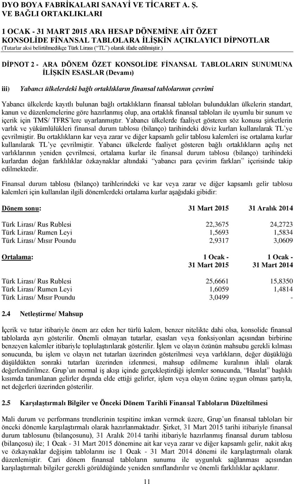 lere uyarlanmıştır. Yabancı ülkelerde faaliyet gösteren söz konusu şirketlerin varlık ve yükümlülükleri finansal durum tablosu (bilanço) tarihindeki döviz kurları kullanılarak TL ye çevrilmiştir.