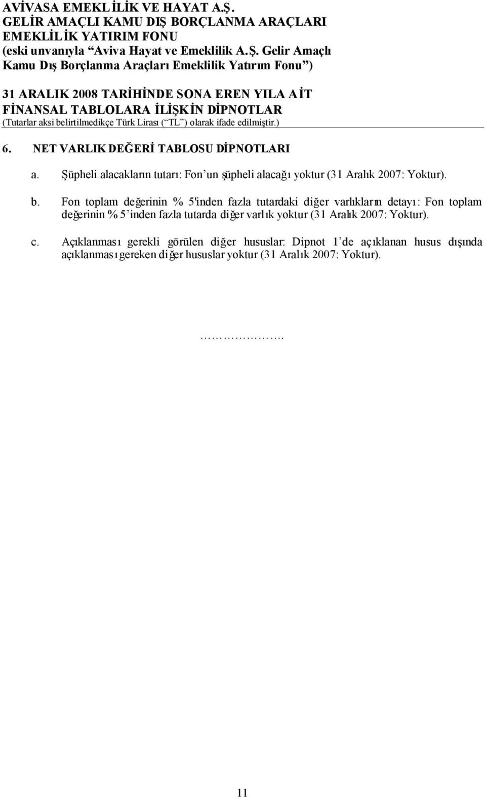 Türk Lirası( TL ) olarak ifade edilmiştir.) 6. NET VARLIK DEĞERİTABLOSU DİPNOTLARI a. Şüpheli alacakların tutarı: Fon un şüpheli alacağıyoktur (31 Aralık 2007: Yoktur). b.