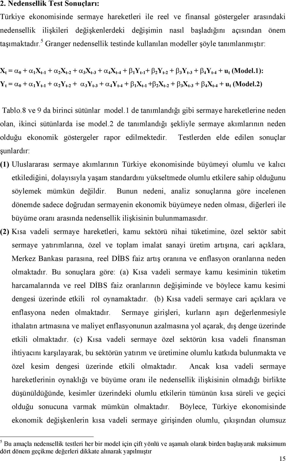 5 Granger nedensellik testinde kullanılan modeller şöyle tanımlanmıştır: X t = α 0 + α 1 X t-1 + α 2 X t-2 + α 3 X t-3 + α 4 X t-4 + β 1 Y t-1 + β 2 Y t-2 + β 3 Y t-3 + β 4 Y t-4 + u t (Model.