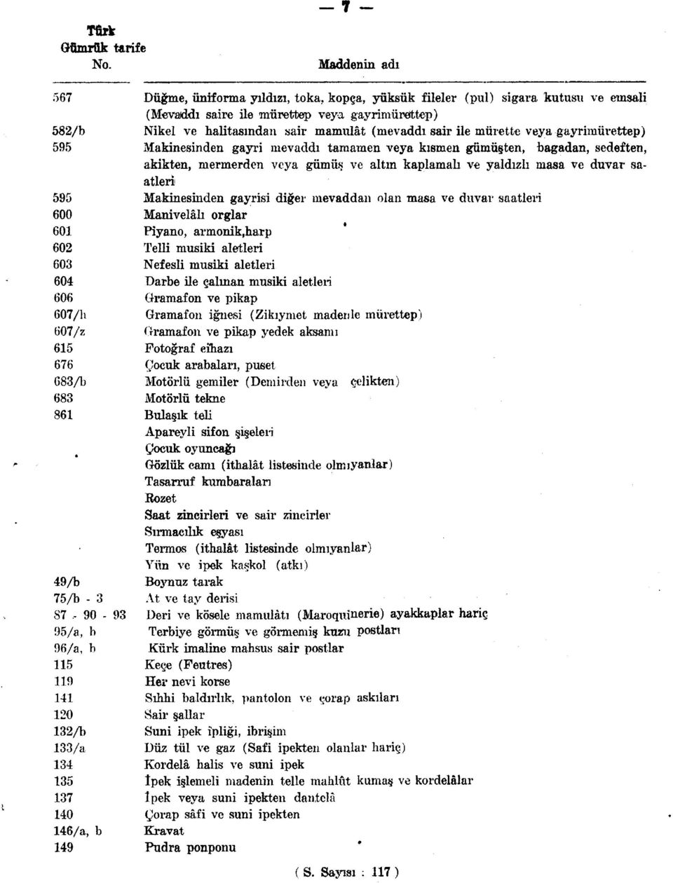 (mevaddı sair ile mürette veya gayrimürettep) 595 Makinesinden gayri mevaddı tamamen veya kısmen gümüşten, bağadan, sedeften, akikten, mermerden veya gümüş ve altın kaplamalı ve yaldızlı masa ve