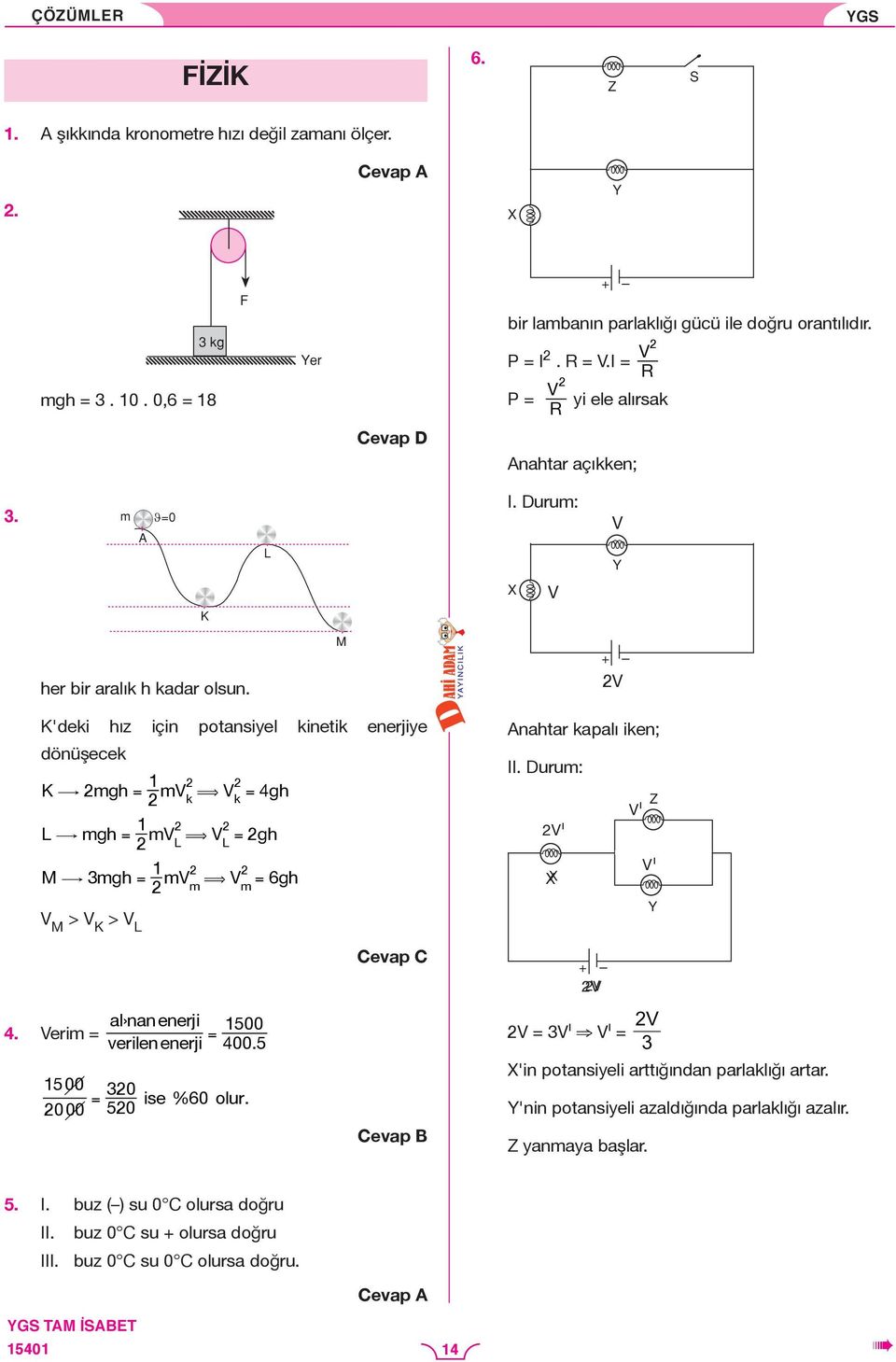 M + V K'deki hız için potnsiyel kinetik enerjiye dönüşecek K $ mgh = mv ( V = gh k k L $ mgh = mv ( V = gh L L M $ mgh = mv ( V = 6gh m m V M > V K > V L Anhtr kplı iken; II.