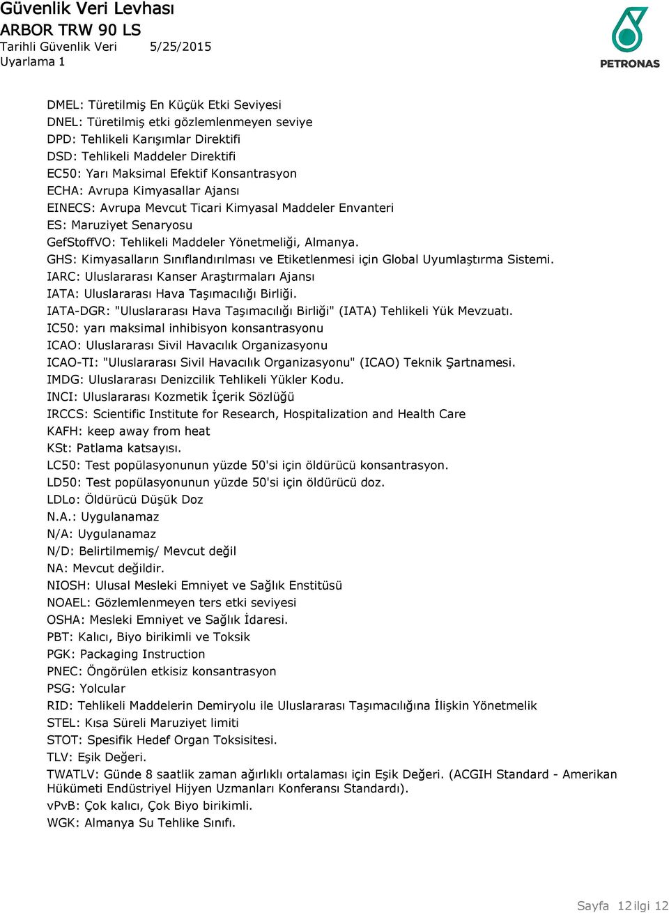 GHS: Kimyasalların Sınıflandırılması ve Etiketlenmesi için Global Uyumlaştırma Sistemi. IARC: Uluslararası Kanser Araştırmaları Ajansı IATA: Uluslararası Hava Taşımacılığı Birliği.