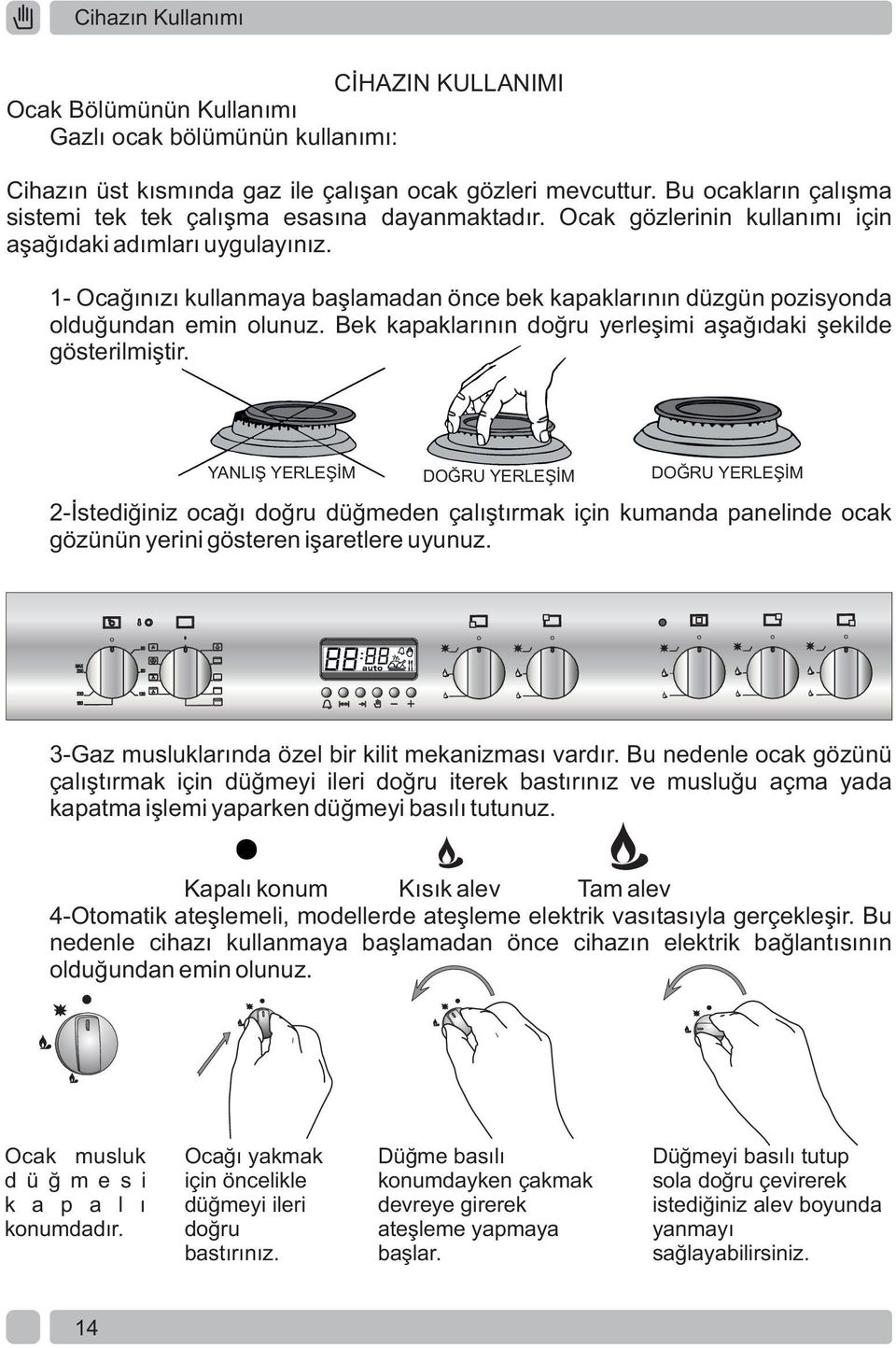 1- Ocağınızı kullanmaya başlamadan önce bek kapaklarının düzgün pozisyonda olduğundan emin olunuz. Bek kapaklarının doğru yerleşimi aşağıdaki şekilde gösterilmiştir.