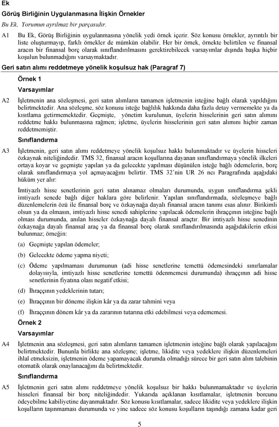 Her bir örnek, örnekte belirtilen ve finansal aracın bir finansal borç olarak sınıflandırılmasını gerektirebilecek varsayımlar dışında başka hiçbir koşulun bulunmadığını varsaymaktadır.