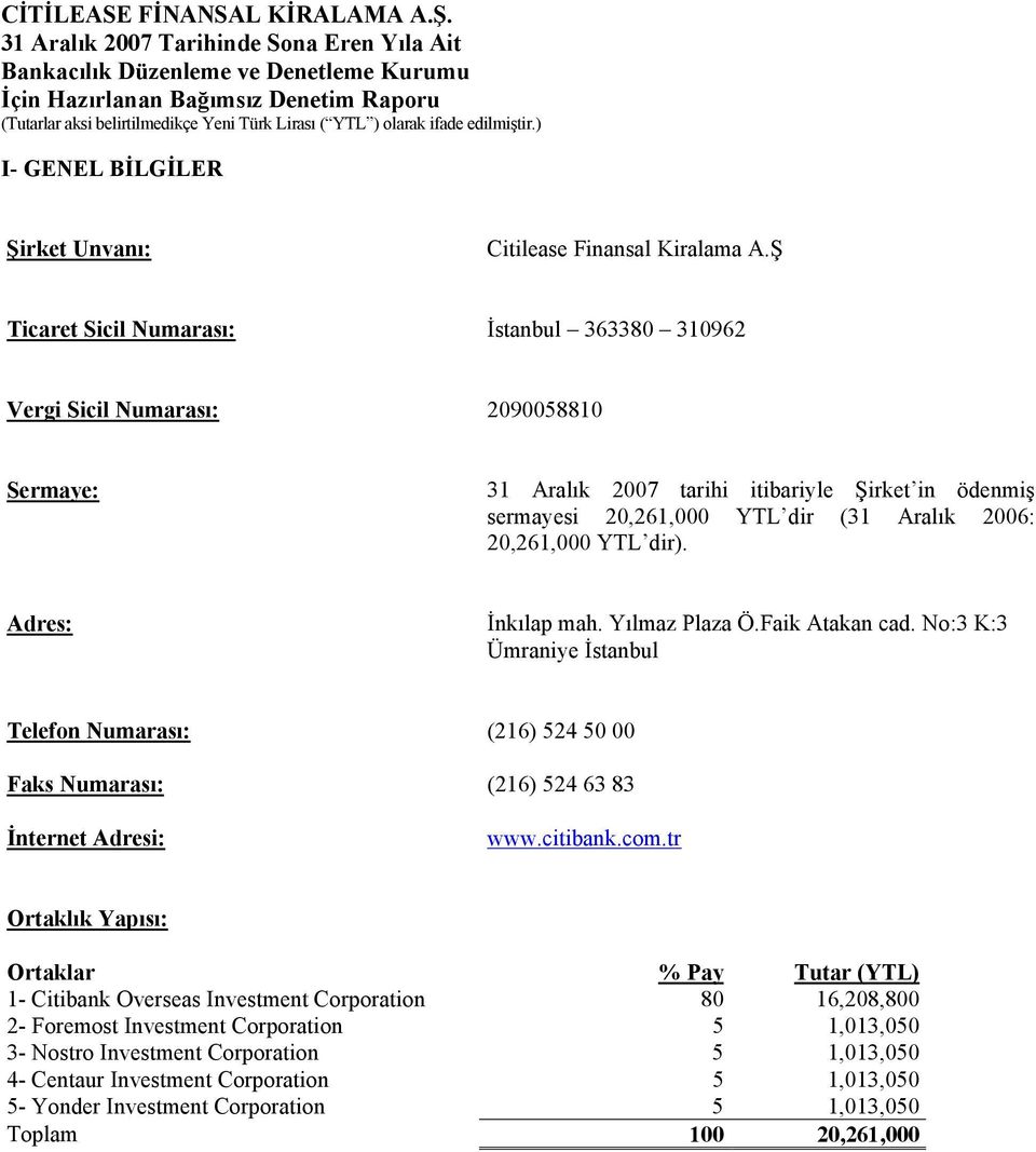 YTL dir). Adres: İnkılap mah. Yılmaz Plaza Ö.Faik Atakan cad. No:3 K:3 Ümraniye İstanbul Telefon Numarası: (216) 524 50 00 Faks Numarası: (216) 524 63 83 İnternet Adresi: www.citibank.com.