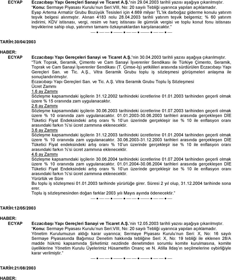 2003 tarihli yatırım teģvik belgemiz; % 60 yatırım indirimi, KDV istisnası, vergi, resim ve harç istisnası ile gümrük vergisi ve toplu konut fonu istisnası teģviklerine sahip olup, yatırımın tamamı