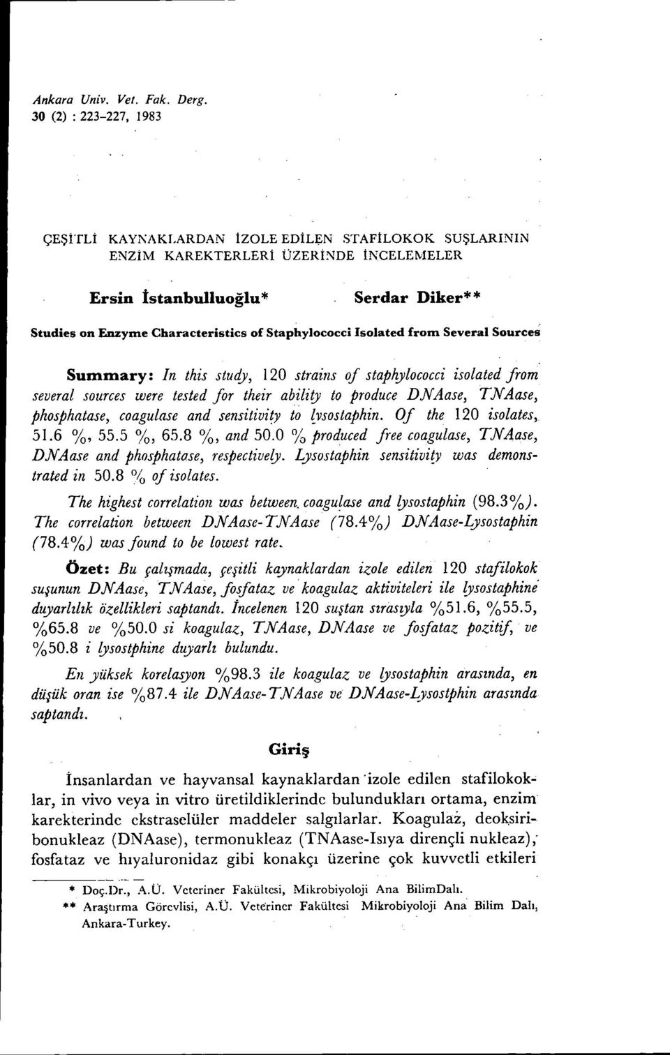 Staphylococci Isolated from Several Sources Summary: In this study, 120 strains of staphylococci isolated from several sources were tested for their ability to produce DNAase, TNAase, phosphatase,