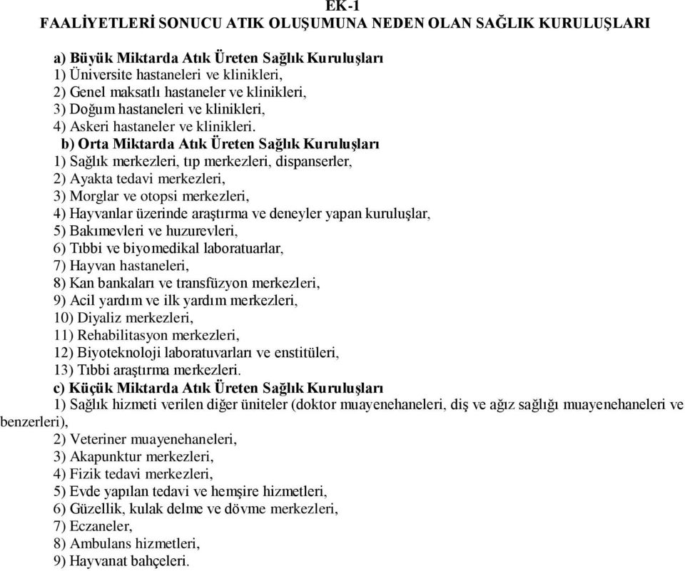 b) Orta Miktarda Atık Üreten Sağlık KuruluĢları 1) Sağlık merkezleri, tıp merkezleri, dispanserler, 2) Ayakta tedavi merkezleri, 3) Morglar ve otopsi merkezleri, 4) Hayvanlar üzerinde araģtırma ve