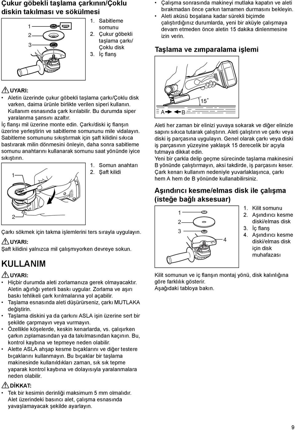 Aleti aküsü boşalana kadar sürekli biçimde çalıştırdığınız durumlarda, yeni bir aküyle çalışmaya devam etmeden önce aletin 5 dakika dinlenmesine izin verin.