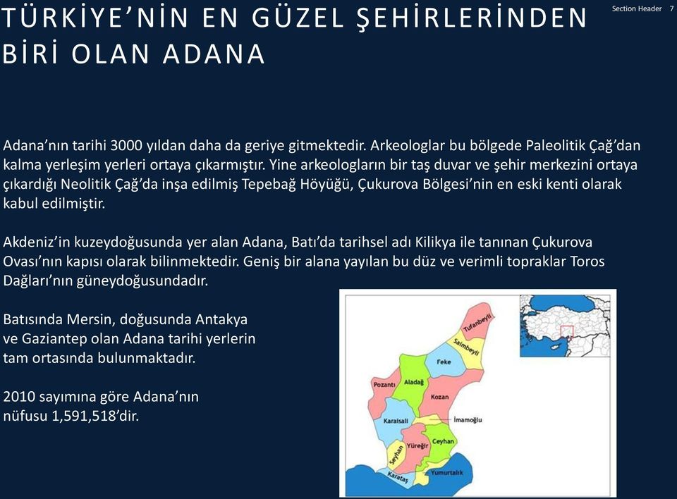 Yine arkeologların bir taş duvar ve şehir merkezini ortaya çıkardığı Neolitik Çağ da inşa edilmiş Tepebağ Höyüğü, Çukurova Bölgesi nin en eski kenti olarak kabul edilmiştir.