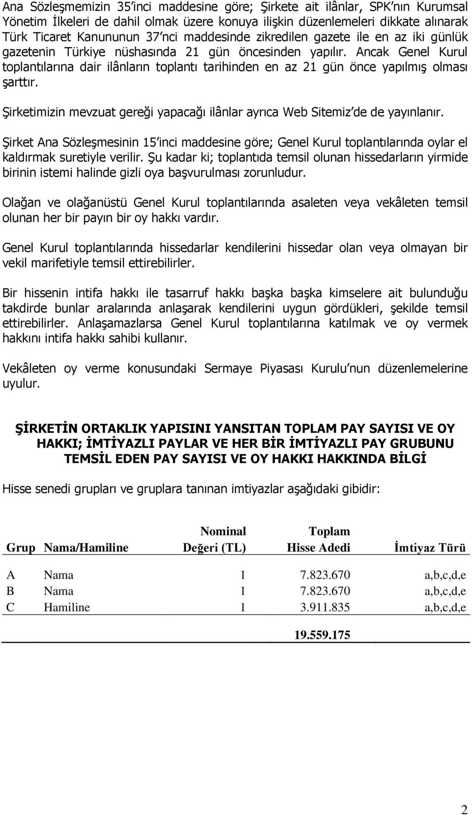 Ancak Genel Kurul toplantılarına dair ilânların toplantı tarihinden en az 21 gün önce yapılmış olması şarttır. Şirketimizin mevzuat gereği yapacağı ilânlar ayrıca Web Sitemiz de de yayınlanır.