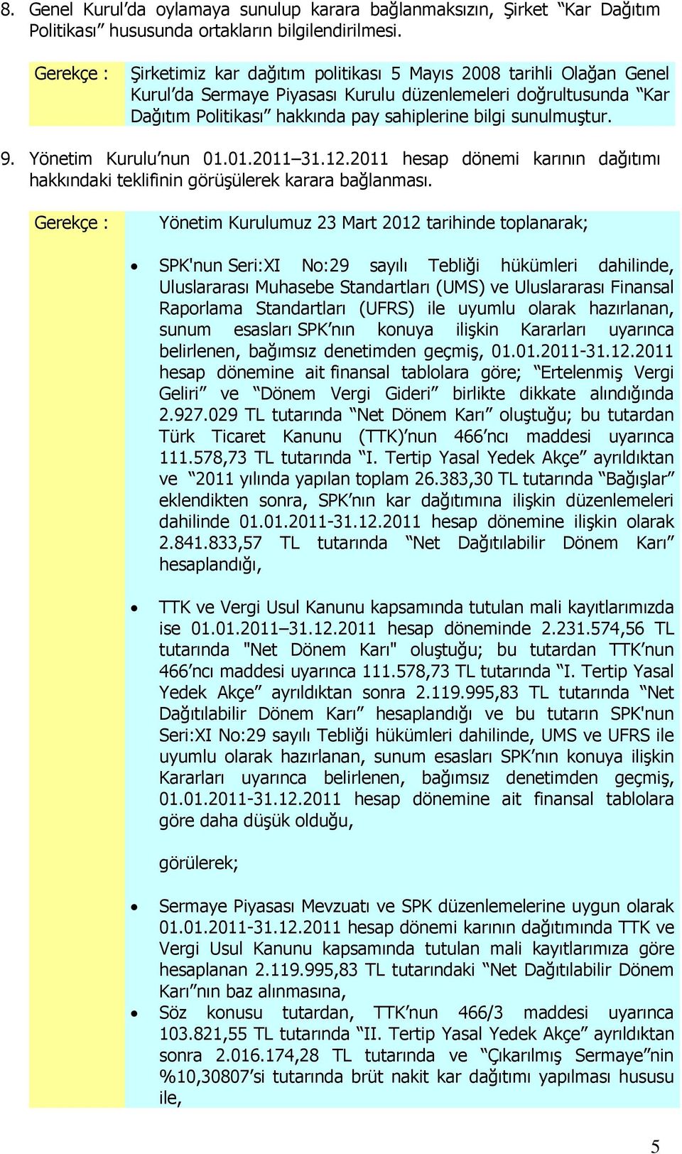 Yönetim Kurulu nun 01.01.2011 31.12.2011 hesap dönemi karının dağıtımı hakkındaki teklifinin görüşülerek karara bağlanması.