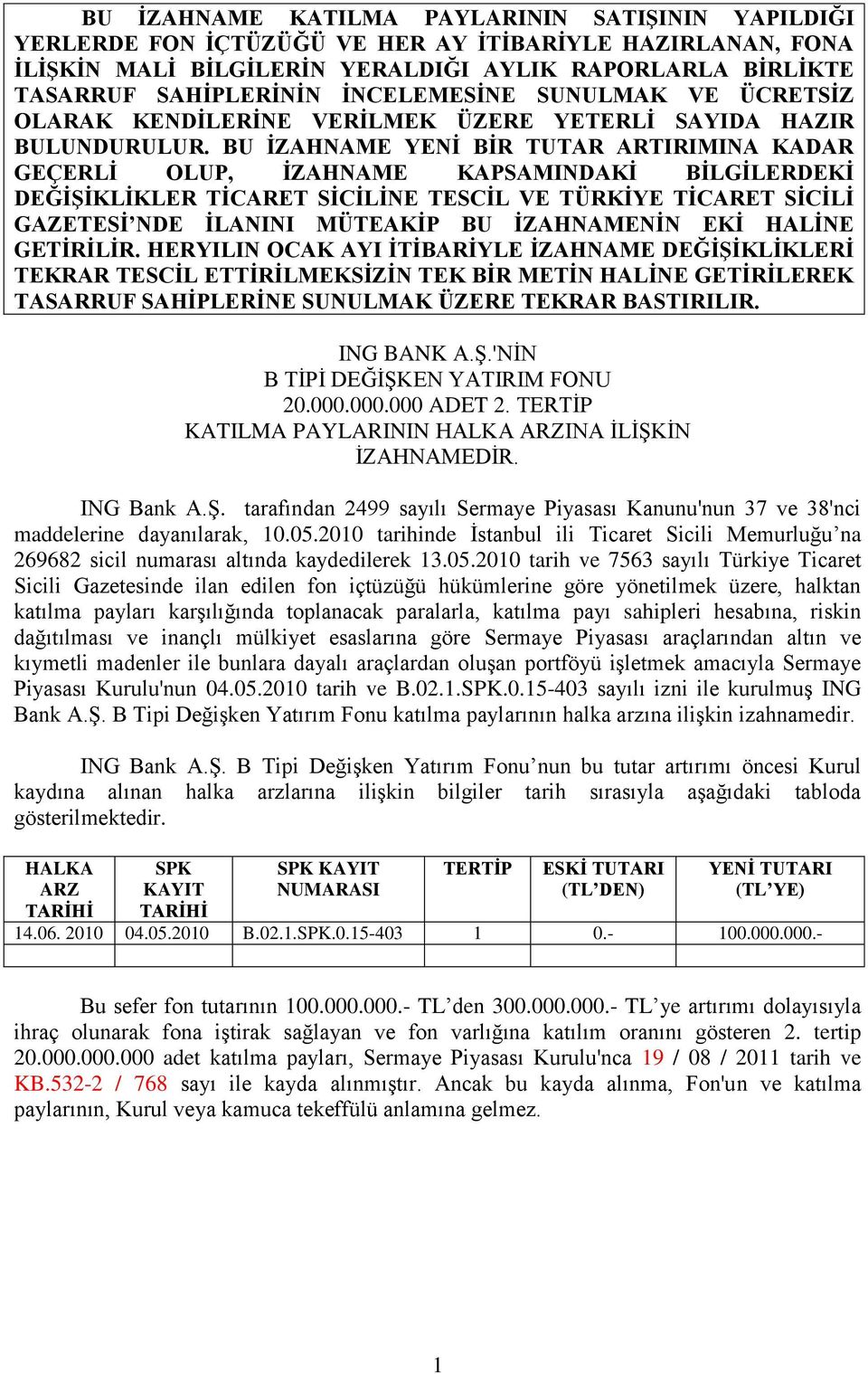 BU İZAHNAME YENİ BİR TUTAR ARTIRIMINA KADAR GEÇERLİ OLUP, İZAHNAME KAPSAMINDAKİ BİLGİLERDEKİ DEĞİŞİKLİKLER TİCARET SİCİLİNE TESCİL VE TÜRKİYE TİCARET SİCİLİ GAZETESİ NDE İLANINI MÜTEAKİP BU