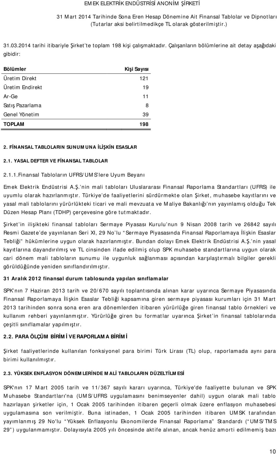 FİNANSAL TABLOLARIN SUNUMUNA İLİŞKİN ESASLAR 2.1. YASAL DEFTER VE FİNANSAL TABLOLAR 2.1.1.Finansal Tabloların UFRS/UMS lere Uyum Beyanı Emek Elektrik Endüstrisi A.Ş. nin mali tabloları Uluslararası Finansal Raporlama Standartları (UFRS) ile uyumlu olarak hazırlanmıştır.