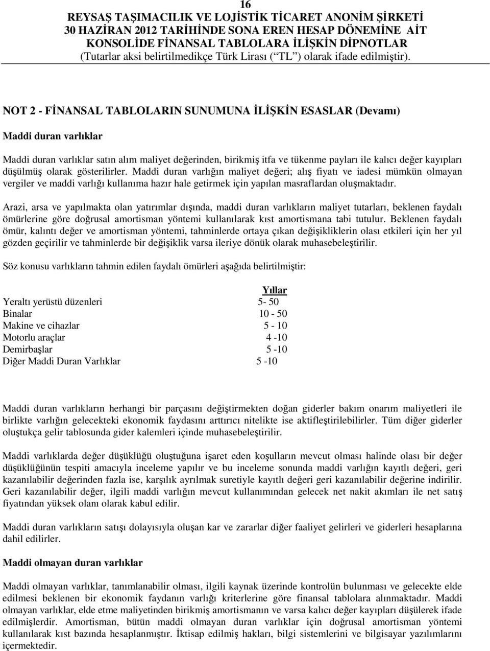 Arazi, arsa ve yapılmakta olan yatırımlar dışında, maddi duran varlıkların maliyet tutarları, beklenen faydalı ömürlerine göre doğrusal amortisman yöntemi kullanılarak kıst amortismana tabi tutulur.