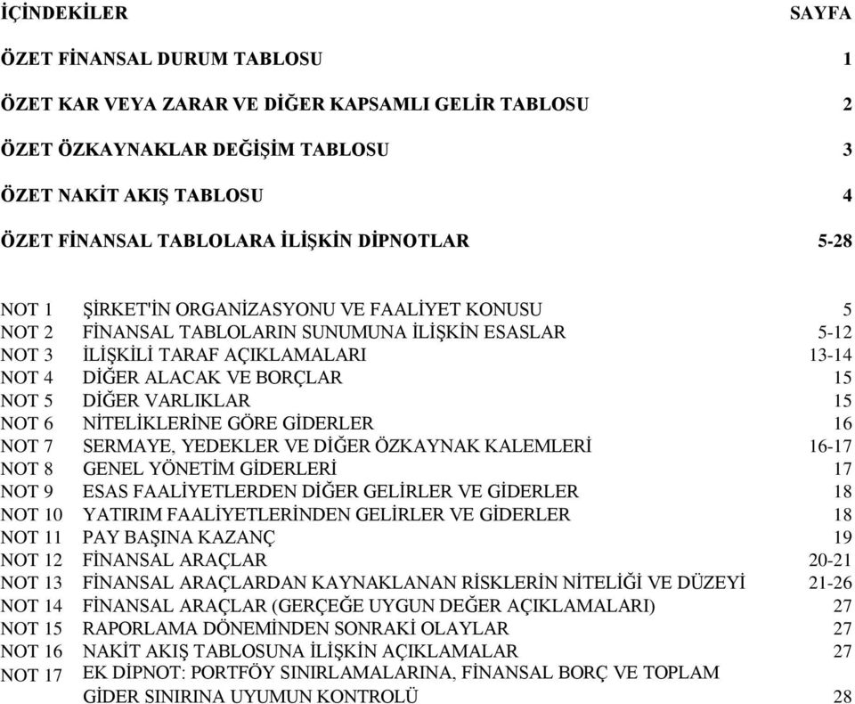 5 DİĞER VARLIKLAR 15 NOT 6 NİTELİKLERİNE GÖRE GİDERLER 16 NOT 7 SERMAYE, YEDEKLER VE DİĞER ÖZKAYNAK KALEMLERİ 16-17 NOT 8 GENEL YÖNETİM GİDERLERİ 17 NOT 9 ESAS FAALİYETLERDEN DİĞER GELİRLER VE