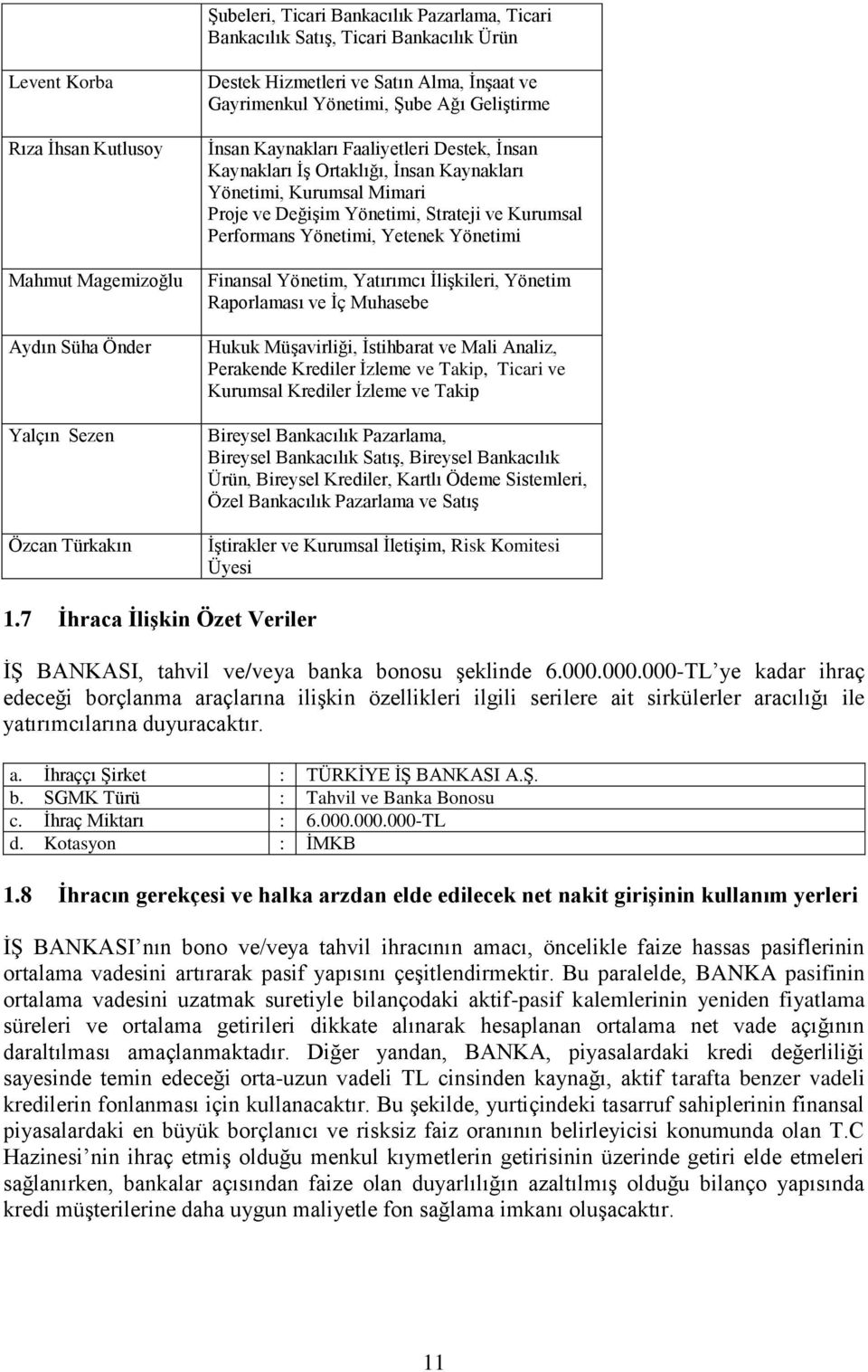 DeğiĢim Yönetimi, Strateji ve Kurumsal Performans Yönetimi, Yetenek Yönetimi Finansal Yönetim, Yatırımcı ĠliĢkileri, Yönetim Raporlaması ve Ġç Muhasebe Hukuk MüĢavirliği, Ġstihbarat ve Mali Analiz,