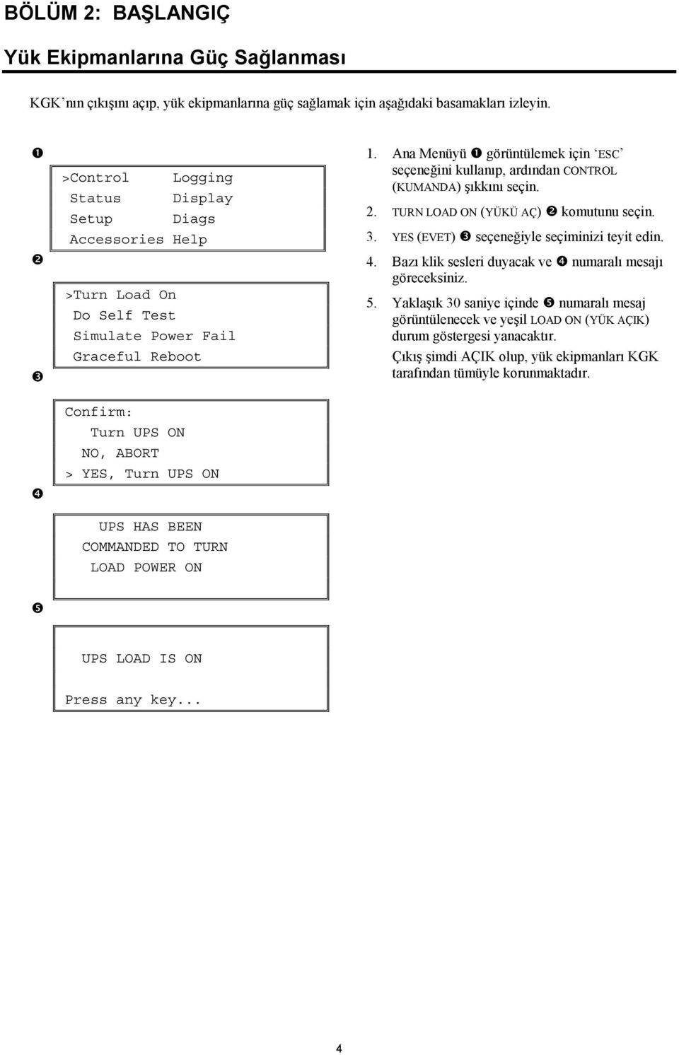 TURN LOAD POWER ON 1. Ana Menüyü görüntülemek için ESC seçeneğini kullanõp, ardõndan CONTROL (KUMANDA) şõkkõnõ seçin. 2. TURN LOAD ON (YÜKÜ AÇ) komutunu seçin. 3.