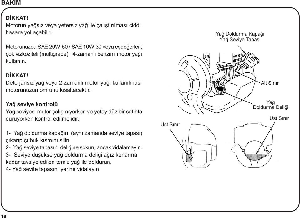 Deterjansýz yað veya 2-zamanlý motor yaðý kullanýlmasý motorunuzun ömrünü kýsaltacaktýr. Yað seviye kontrolü Yað seviyesi motor çalýþmýyorken ve yatay düz bir satýhta duruyorken kontrol edilmelidir.
