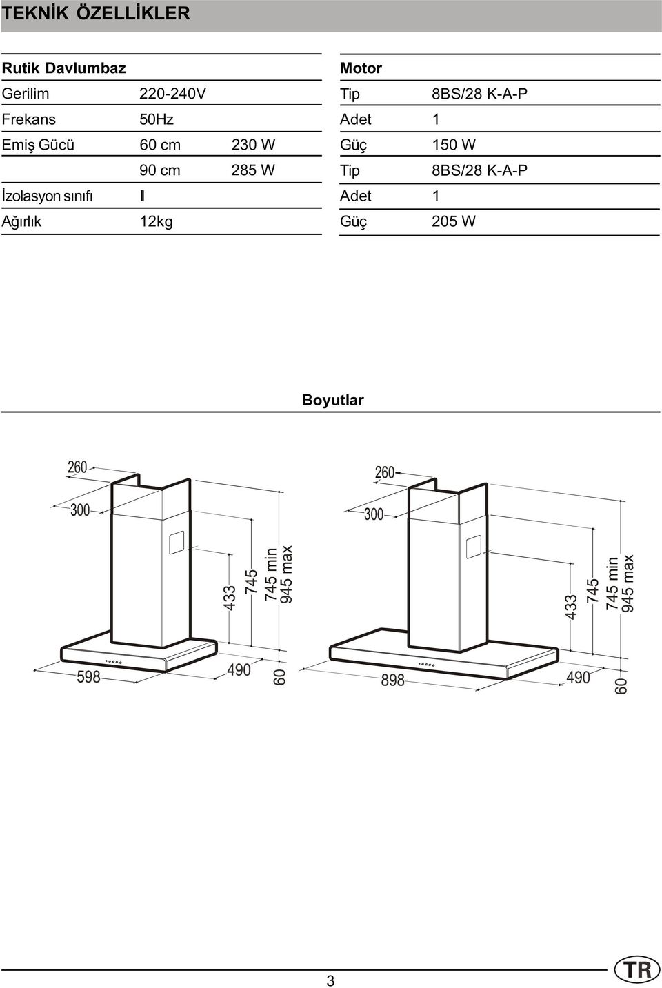 Ýzolasyon sýnýfý I Aðýrlýk 12kg Motor Tip 8BS/28