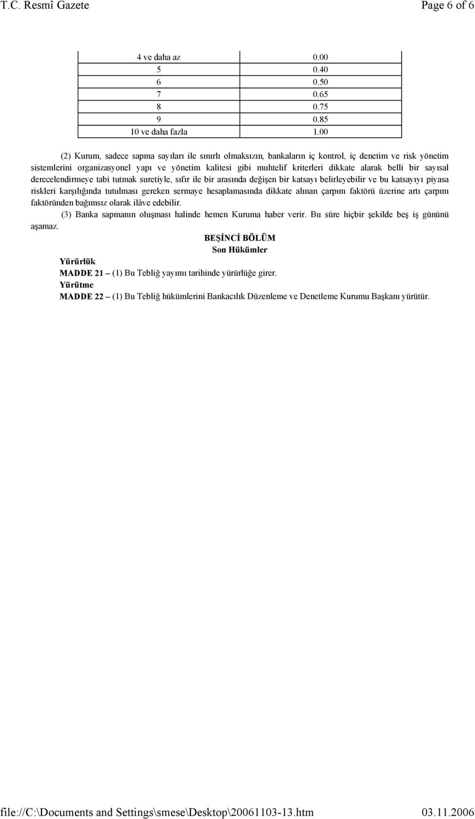 alarak belli bir sayısal derecelendirmeye tabi tutmak suretiyle, sıfır ile bir arasında değişen bir katsayı belirleyebilir ve bu katsayıyı piyasa riskleri karşılığında tutulması gereken sermaye