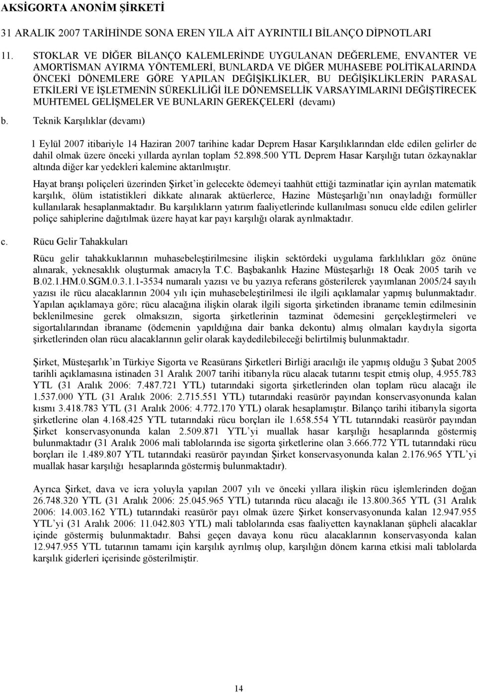 Teknik Karşılıklar (devamı) 1 Eylül 2007 itibariyle 14 Haziran 2007 tarihine kadar Deprem Hasar Karşılıklarından elde edilen gelirler de dahil olmak üzere önceki yıllarda ayrılan toplam 52.898.