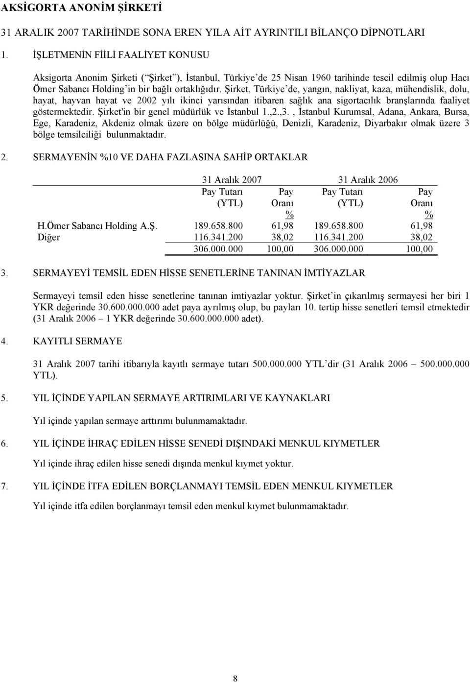 Şirket'in bir genel müdürlük ve İstanbul 1.,2.,3.