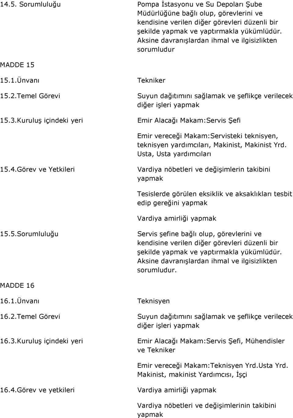 Kuruluş içindeki yeri Tekniker Suyun dağıtımını sağlamak ve şeflikçe verilecek diğer işleri yapmak Emir Alacağı Makam:Servis Şefi Emir vereceği Makam:Servisteki teknisyen, teknisyen yardımcıları,