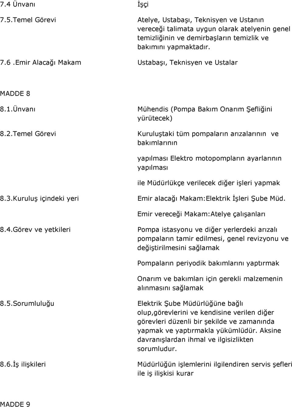 Temel Görevi Mühendis (Pompa Bakım Onarım Şefliğini yürütecek) Kuruluştaki tüm pompaların arızalarının ve bakımlarının yapılması Elektro motopompların ayarlarının yapılması ile Müdürlükçe verilecek