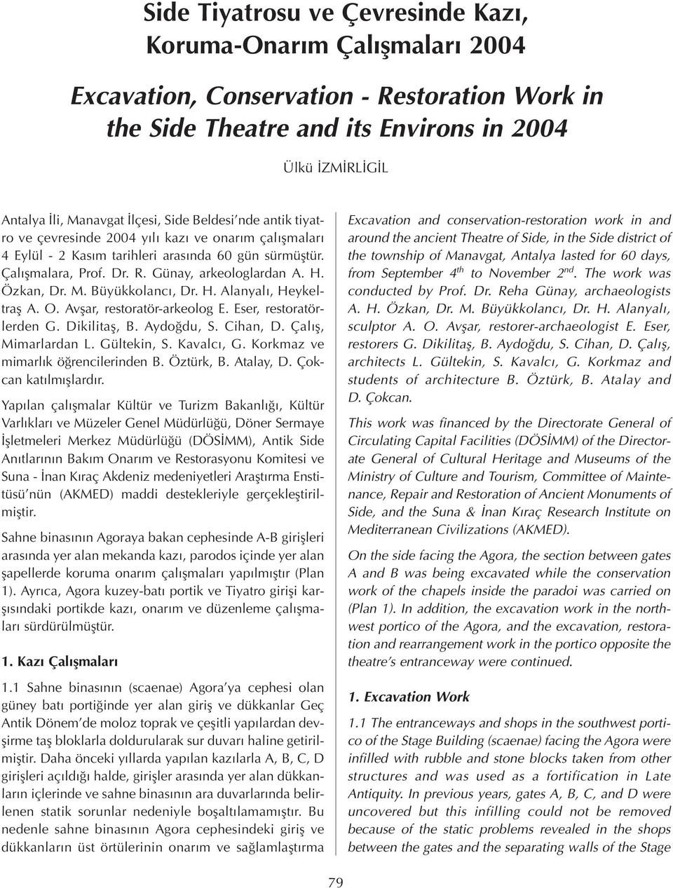Özkan, Dr. M. Büyükkolanc, Dr. H. Alanyal, Heykeltrafl A. O. Avflar, restoratör-arkeolog E. Eser, restoratörlerden G. Dikilitafl, B. Aydo du, S. Cihan, D. Çal fl, Mimarlardan L. Gültekin, S.