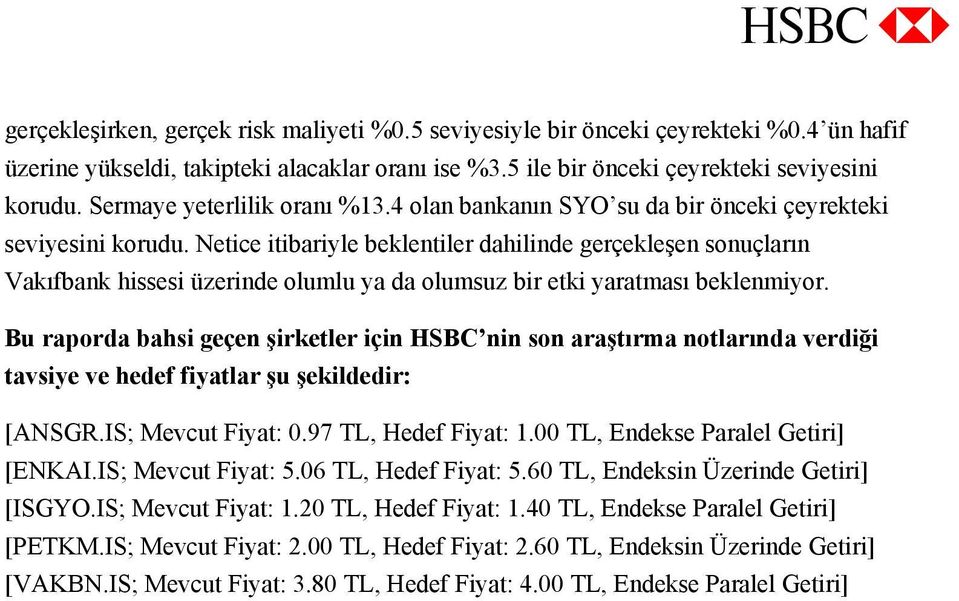 Netice itibariyle beklentiler dahilinde gerçekleşen sonuçların Vakıfbank hissesi üzerinde olumlu ya da olumsuz bir etki yaratması beklenmiyor.