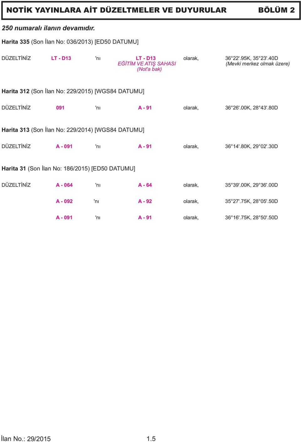 40D EĞİTİM VE ATIŞ SAHASI Harita 312 (Son İlan No: 229/2015) [WGS84 DATUMU] DÜZELTİNİZ 091 'nı A - 91 olarak, 36 26'.00K, 28 43'.