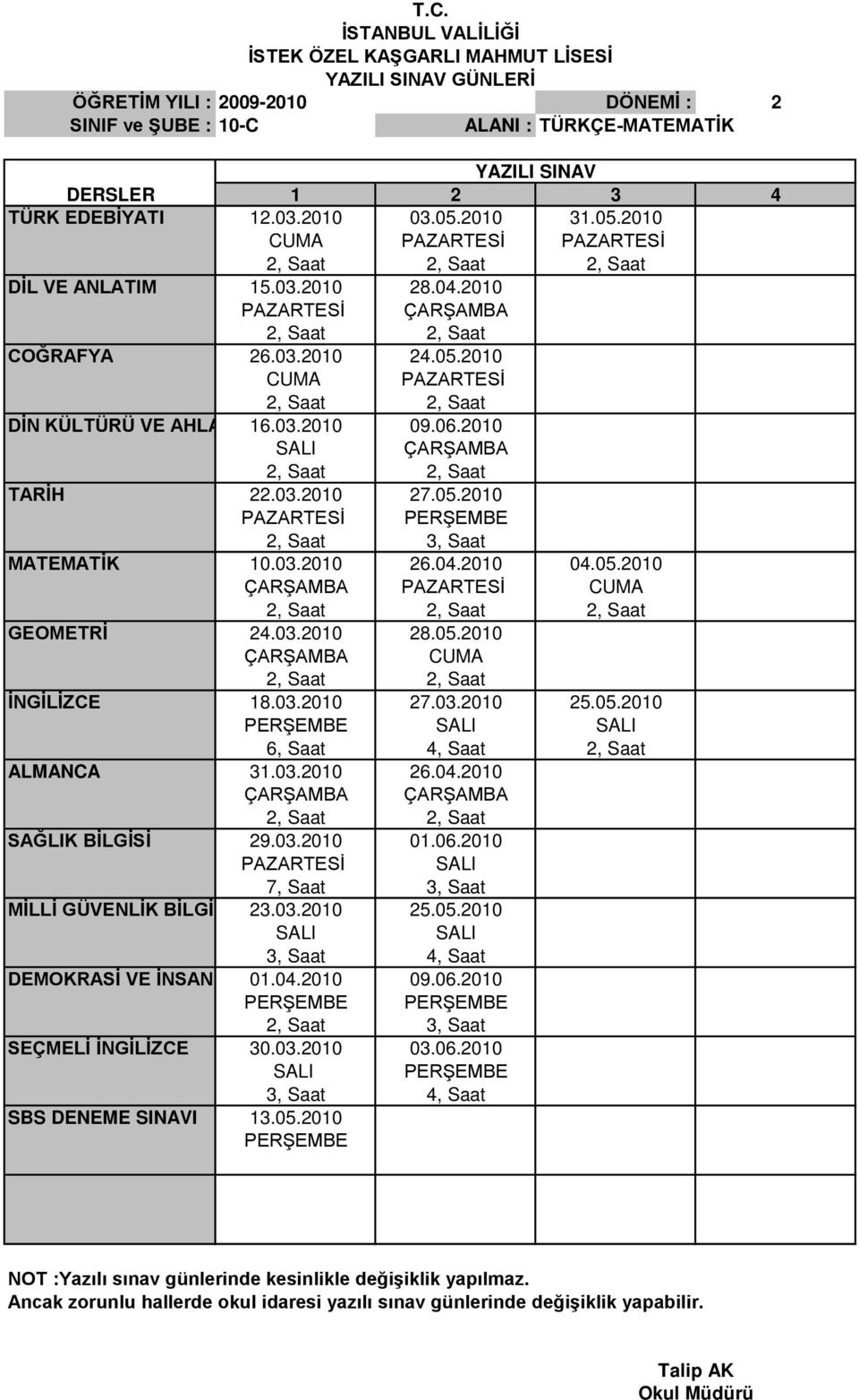 03.2010 27.03.2010 25.05.2010 PERŞEMBE 6, Saat 4, Saat 2, Saat ALMANCA 31.03.2010 26.04.2010 SAĞLIK BİLGİSİ 29.03.2010 01.06.2010 PAZARTESİ 7, Saat 3, Saat MİLLİ GÜVENLİK BİLGİSİ 23.03.2010 25.05.2010 3, Saat 4, Saat DEMOKRASİ VE İNSAN HAKLARI 01.