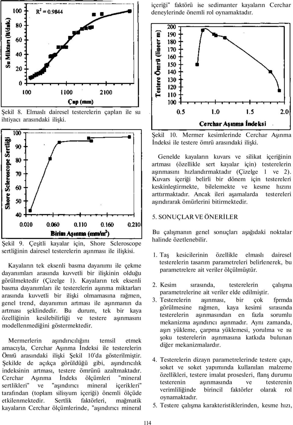 Genelde kayaların kuvars ve silikat içeriğinin artması (özellikle sert kayalar için) testerelerin aşınmasını hızlandırmaktadır (Çizelge 1 ve 2).