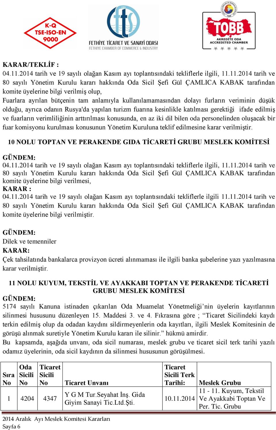 11.2014 tarih ve komite üyelerine bilgi verilmiş olup, Fuarlara ayrılan bütçenin tam anlamıyla kullanılamamasından dolayı furların veriminin düşük olduğu, ayrıca odanın Rusya'da yapılan turizm